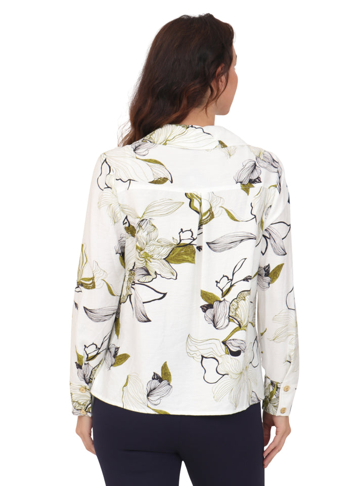 Blusa Cuello  Camisero,  Manga Larga, Estampada
