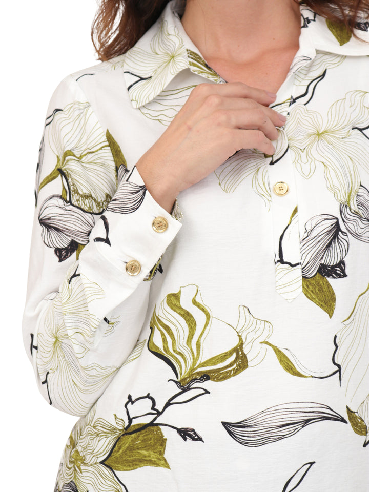 Blusa Cuello  Camisero,  Manga Larga, Estampada
