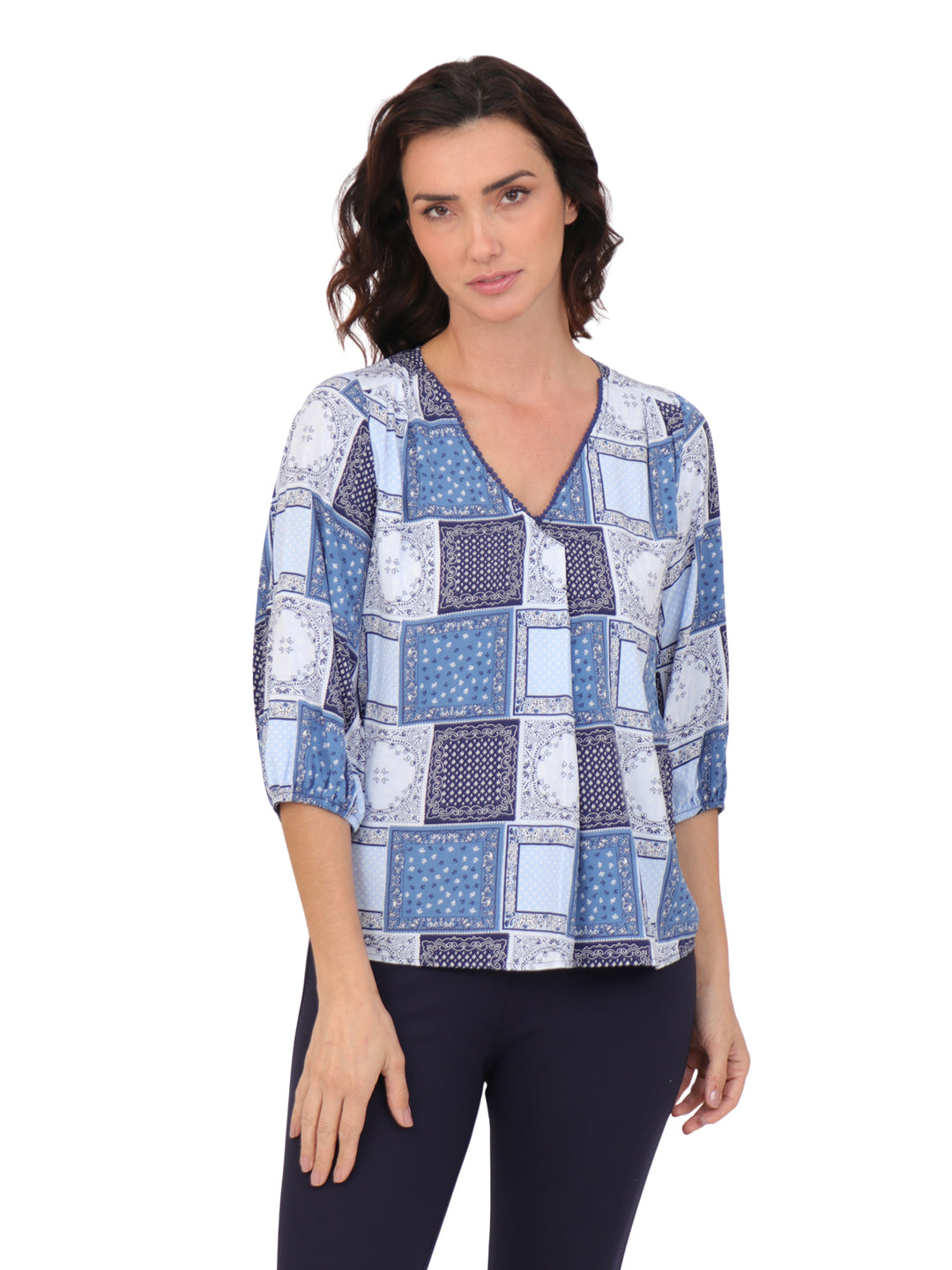 Blusa Cuello V,  Manga 3/4 , Estampada