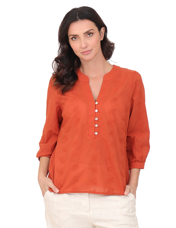 Blusa Cuello V, Manga 3/4,Bordada