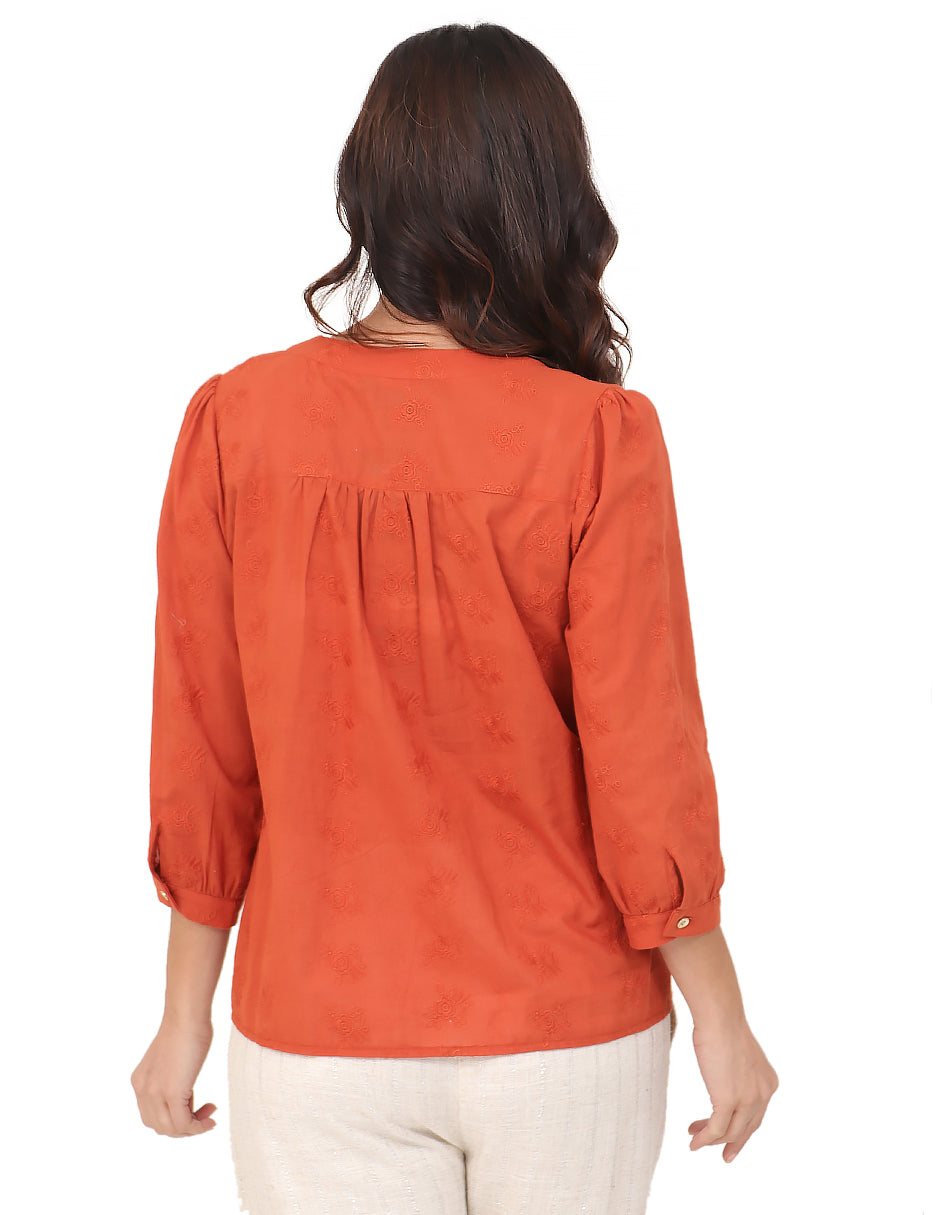 Blusa Cuello V, Manga 3/4,Bordada