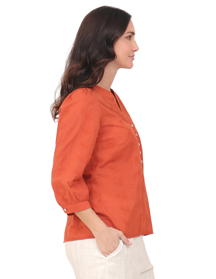Blusa Cuello V, Manga 3/4,Bordada