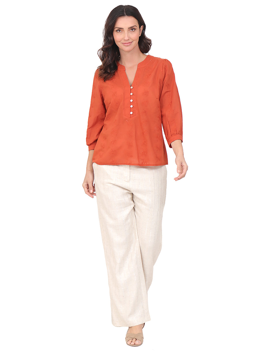 Blusa Cuello V, Manga 3/4,Bordada