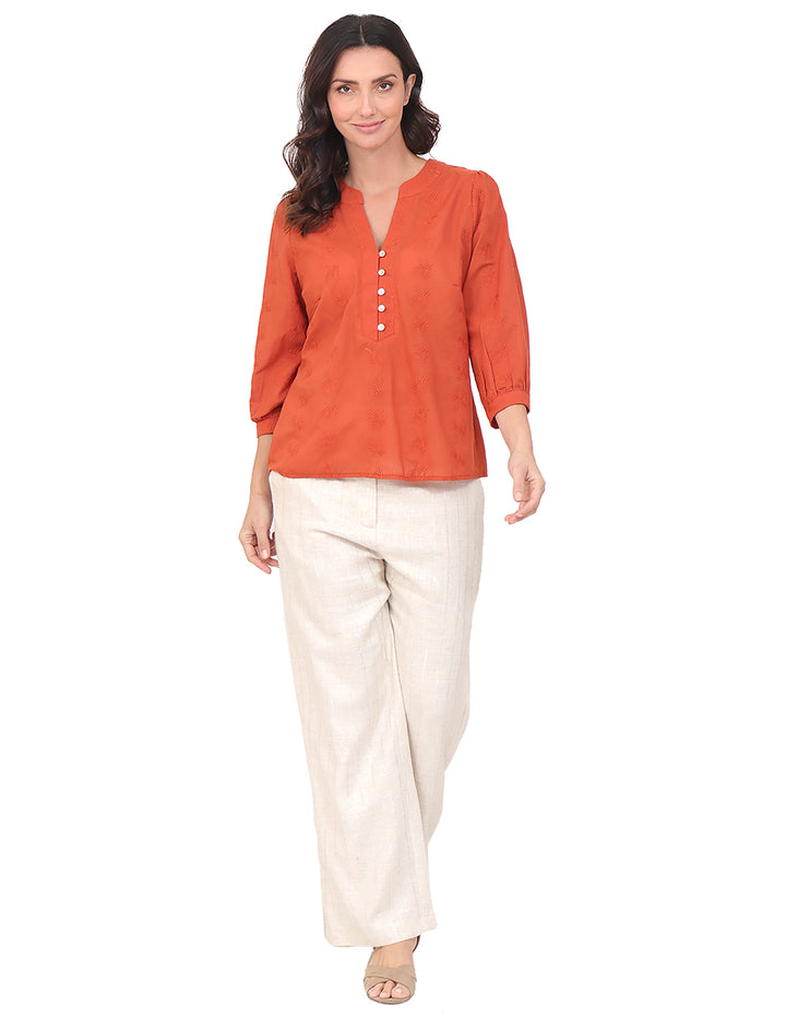 Blusa Cuello V, Manga 3/4,Bordada