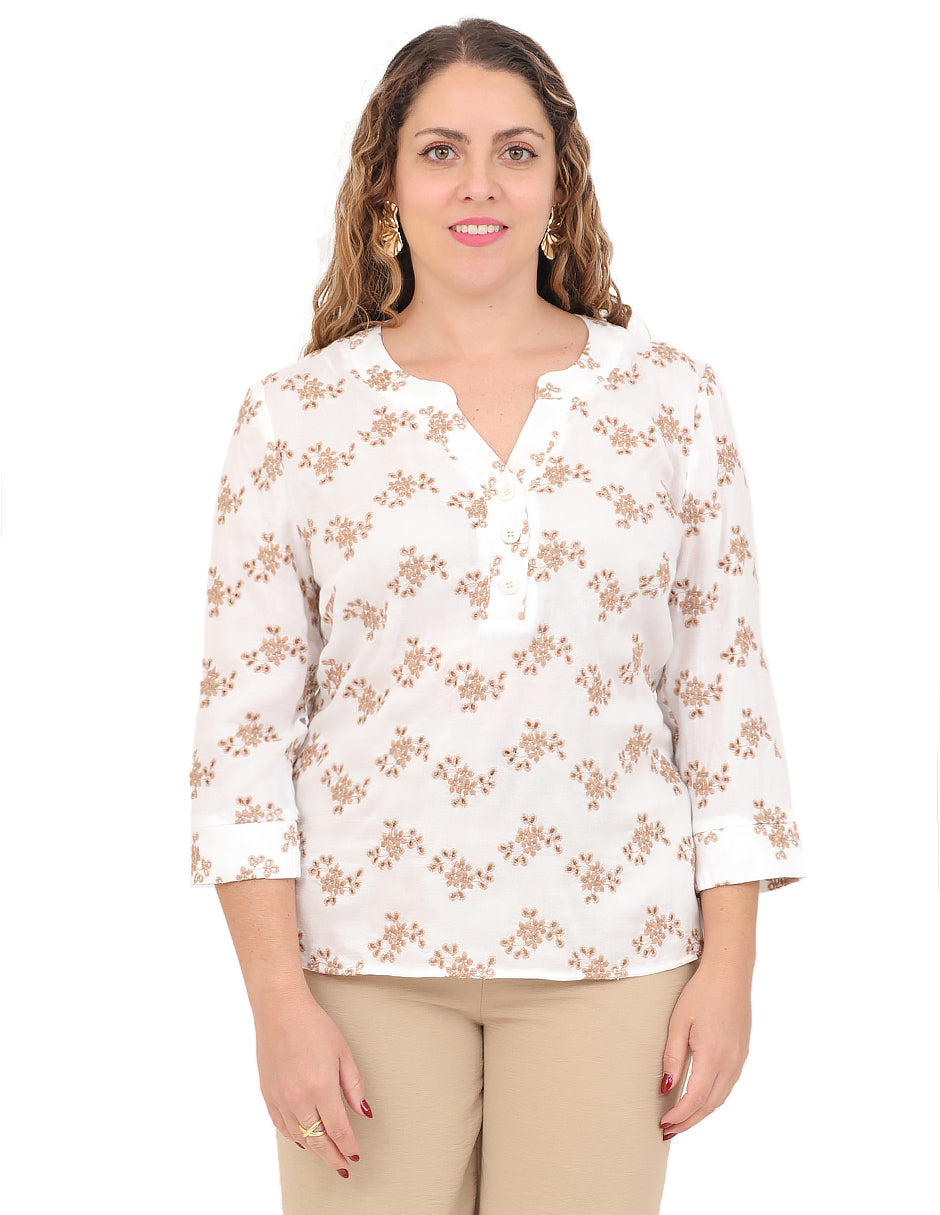 Blusa Cuello V, Manga 3/4,  Bordado