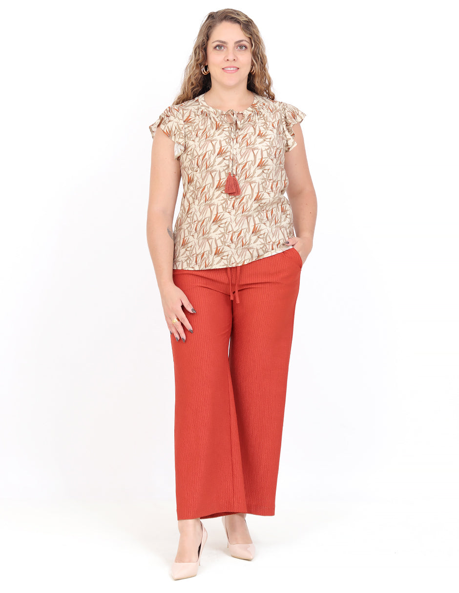 Blusa Cuello Redondo con Amarre, Manga Olán, Estampada