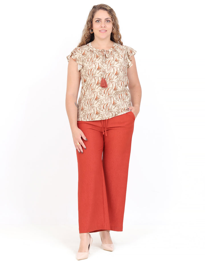 Blusa Cuello Redondo con Amarre, Manga Olán, Estampada