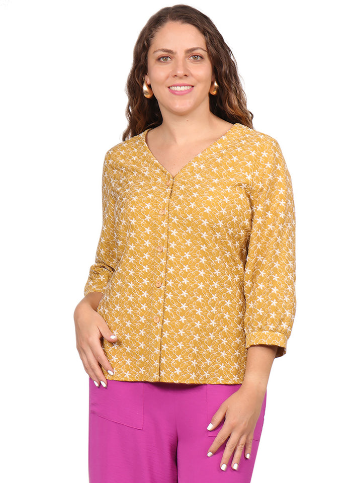Blusa Cuello V, Manga 3/4, Algódon Bordado
