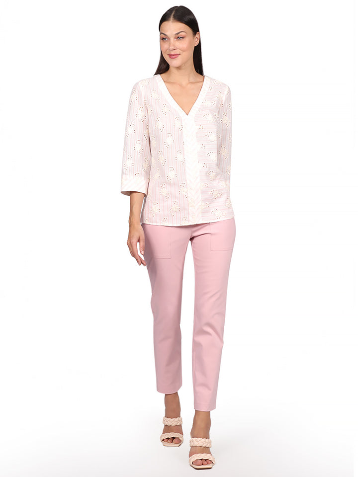 Blusa Cuello V, Manga 3/4, Bordada