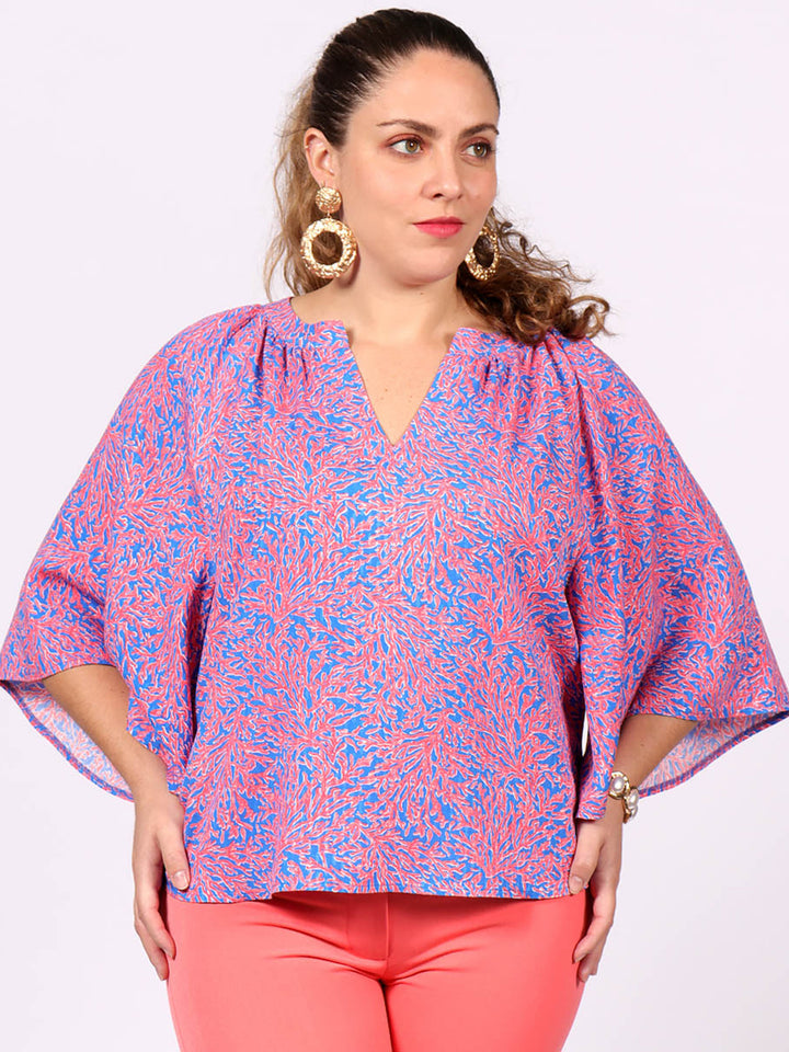 Blusa Cuello V, Manga Mariposa, Estampada