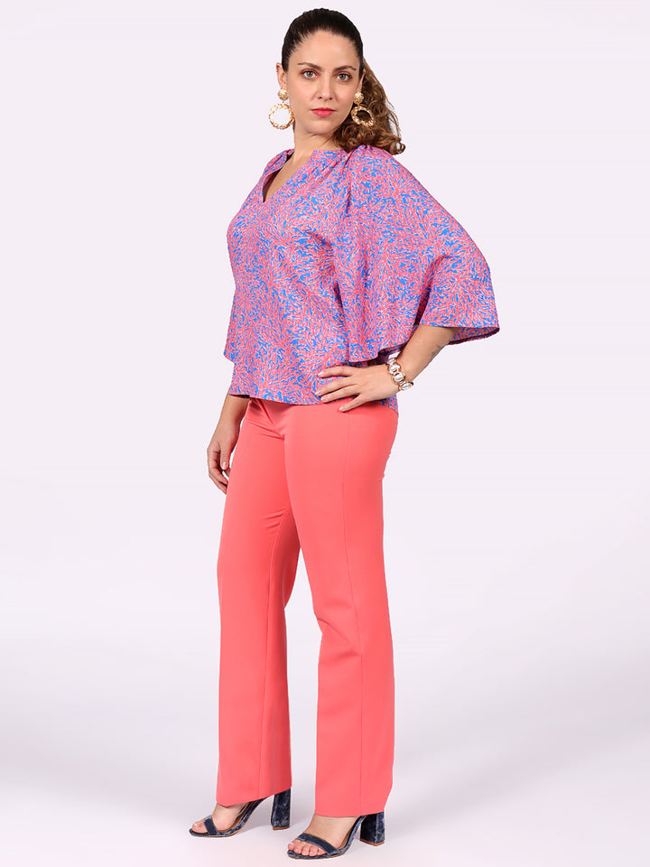 Blusa Cuello V, Manga Mariposa, Estampada