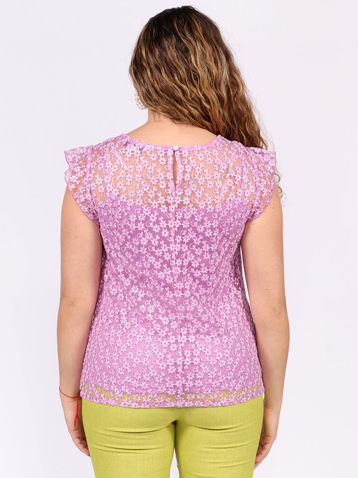 Blusa Cuello redondo , Manga Corta,Bordada