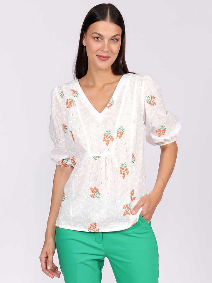 Blusa Cuello V, Manga Corta Aglobada, Bordada