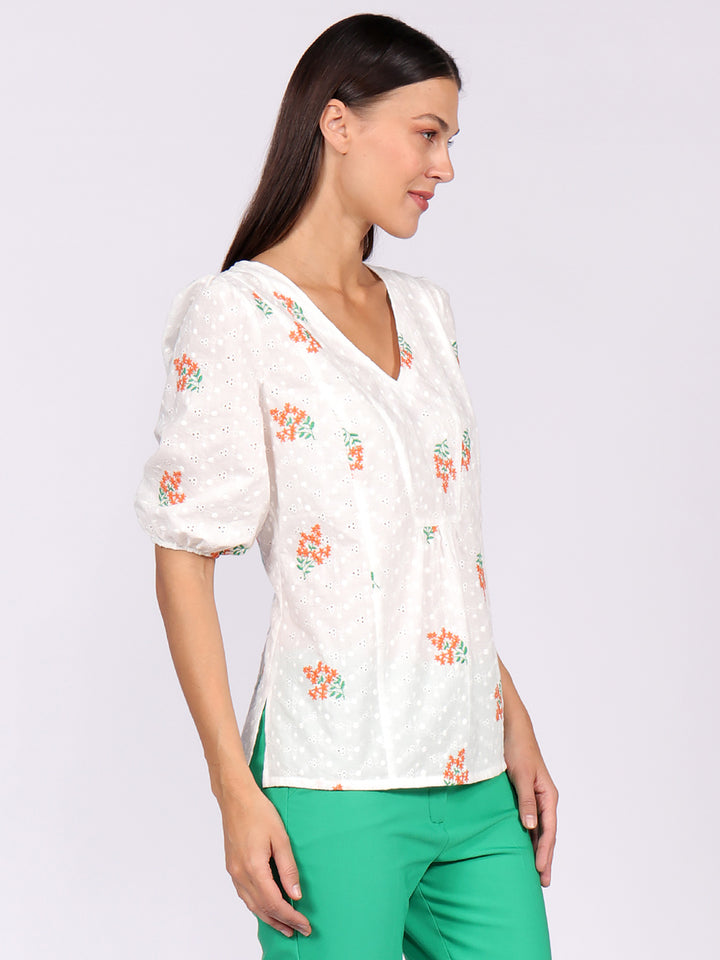 Blusa Cuello V, Manga Corta Aglobada, Bordada
