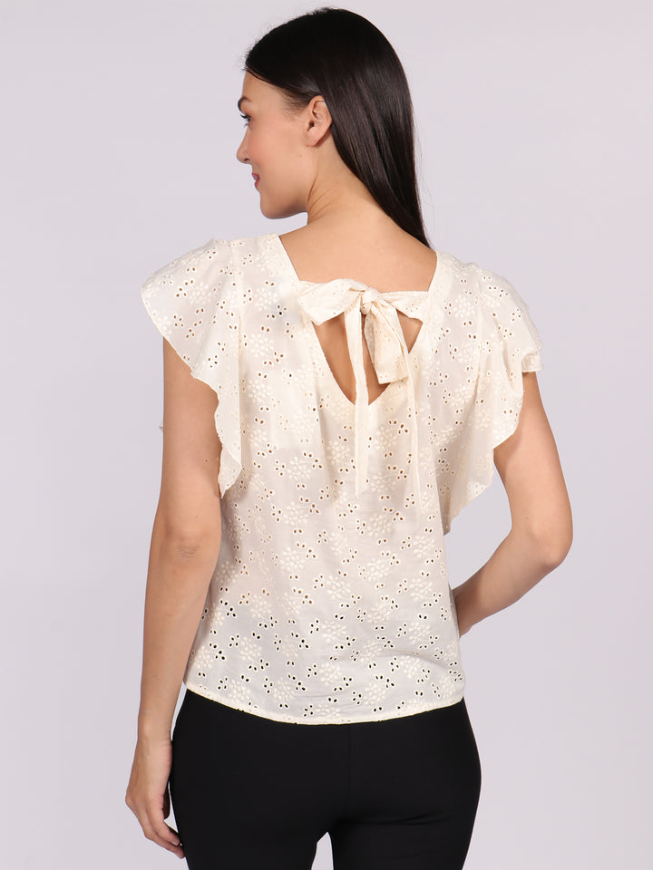Blusa Cuello Redondo,  Manga Olán, Amarre en Espalda, Algodón Bordado