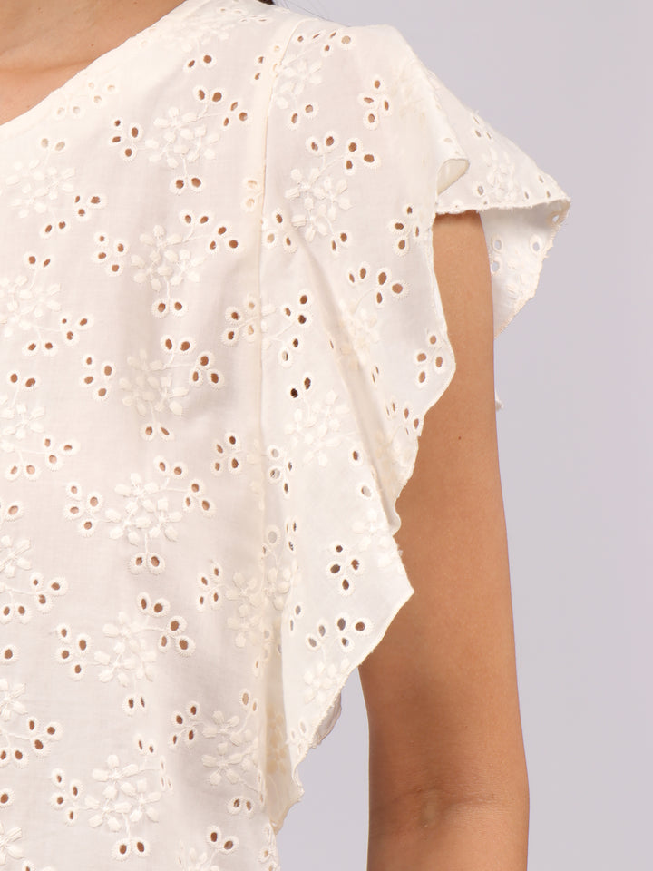 Blusa Cuello Redondo,  Manga Olán, Amarre en Espalda, Algodón Bordado