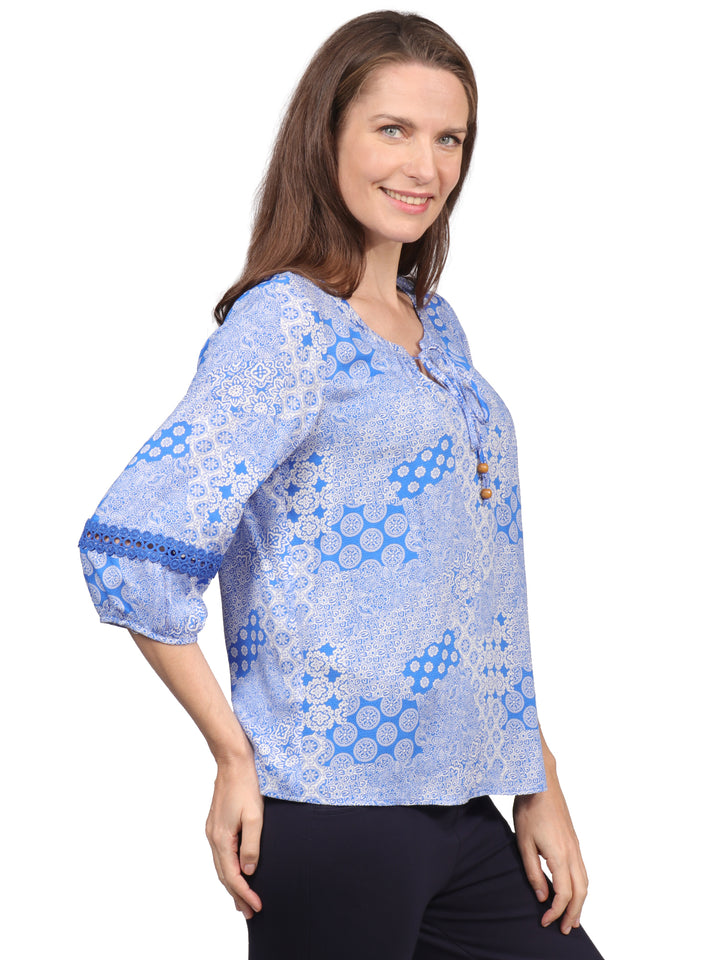 Blusa Cuello Redondo Con Amarre, Manga 3/4,Estampada