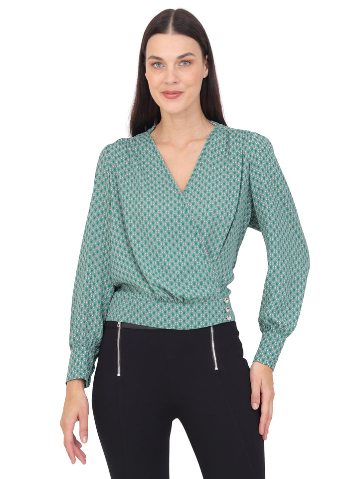 Blusa Cuello V Cruzada, Manga Larga, Estampada