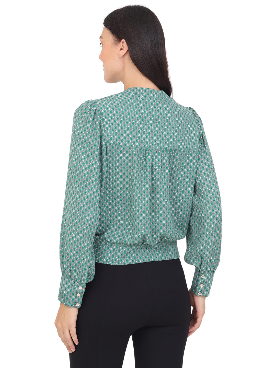 Blusa Cuello V Cruzada, Manga Larga, Estampada