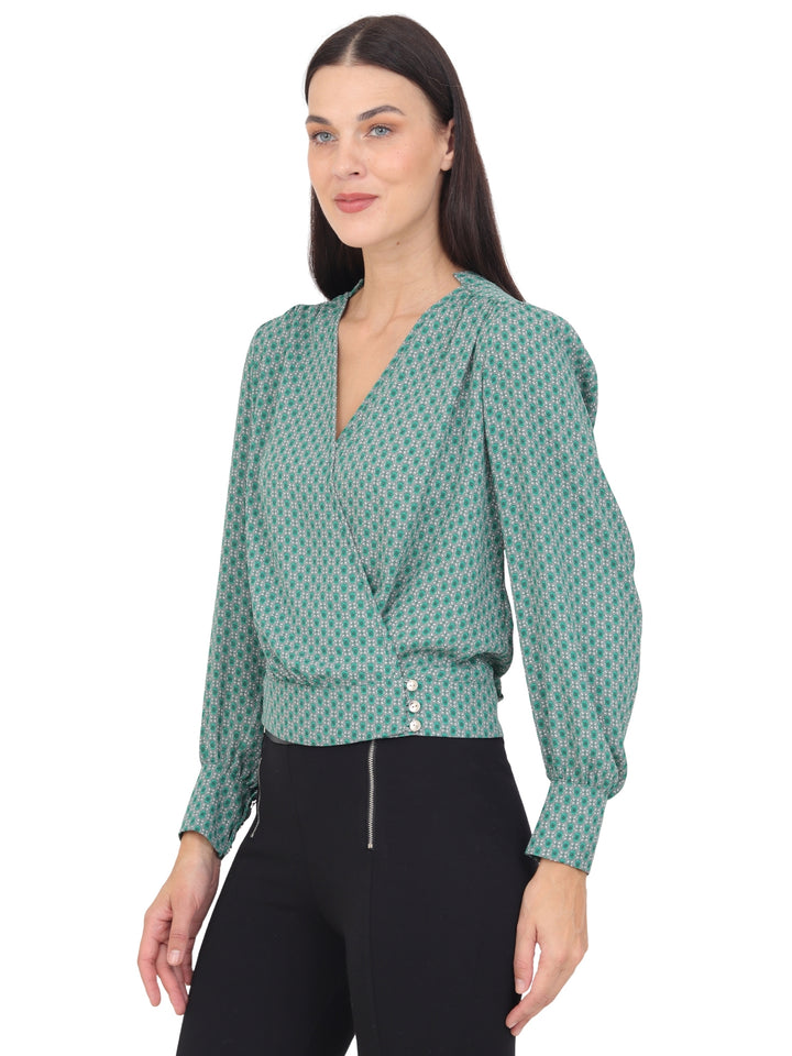 Blusa Cuello V Cruzada, Manga Larga, Estampada