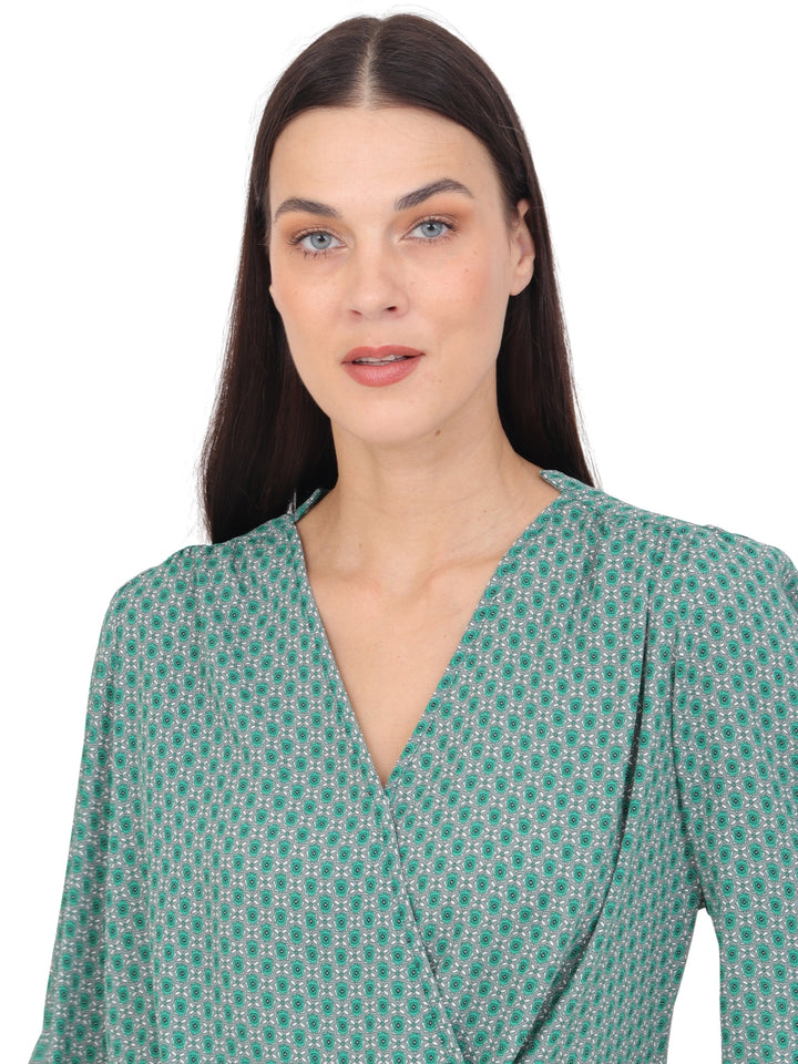 Blusa Cuello V Cruzada, Manga Larga, Estampada