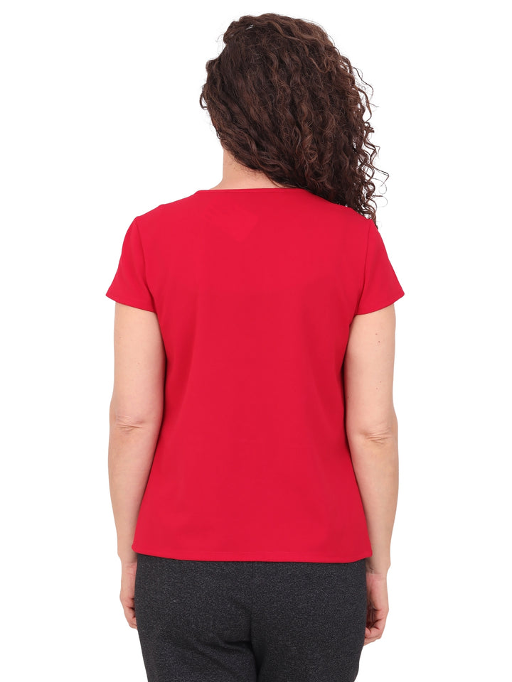 Blusa Cuello Redondo con Aplicación , Manga Corta, Lisa