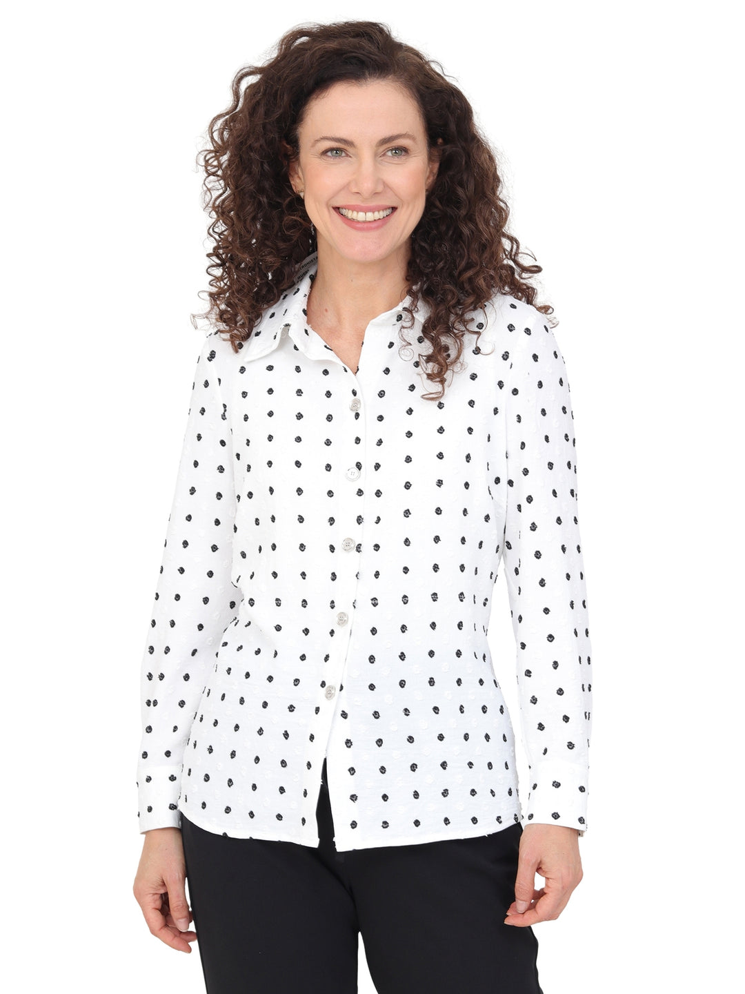 Blusa Camisera, Manga Larga, Botones al frente, Lunares