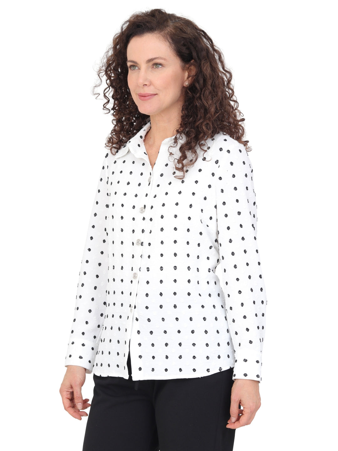 Blusa Camisera, Manga Larga, Botones al frente, Lunares