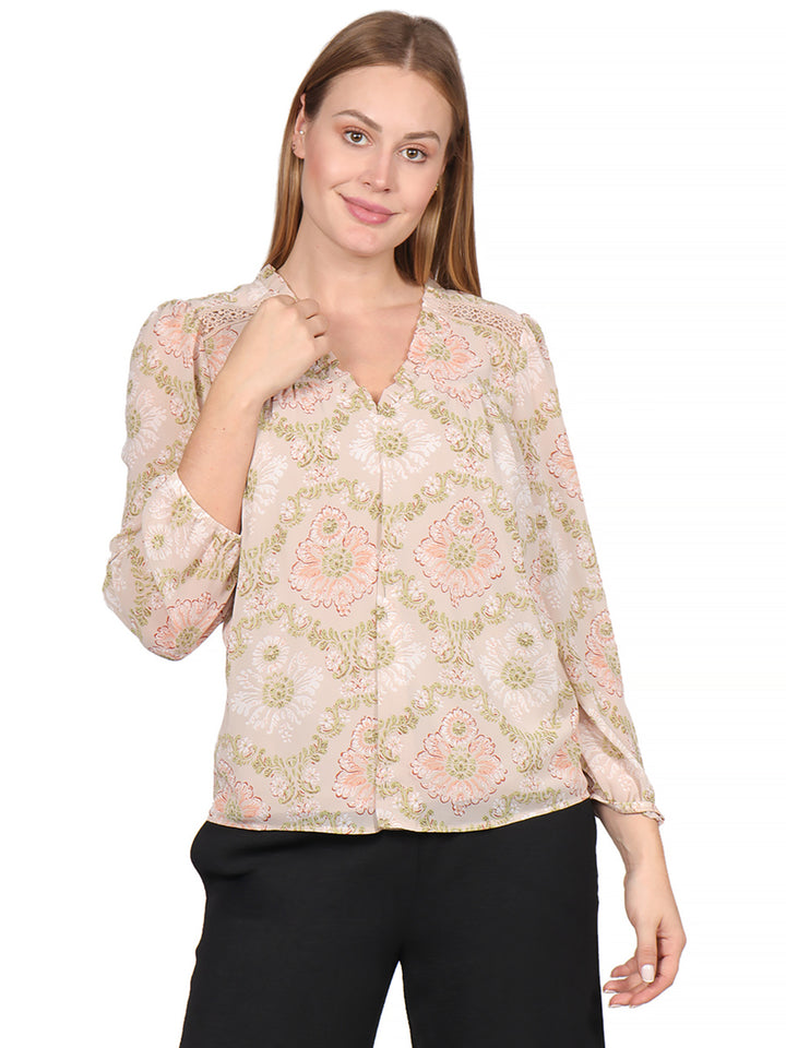Blusa Cuello en V, Manga Larga, Estampada