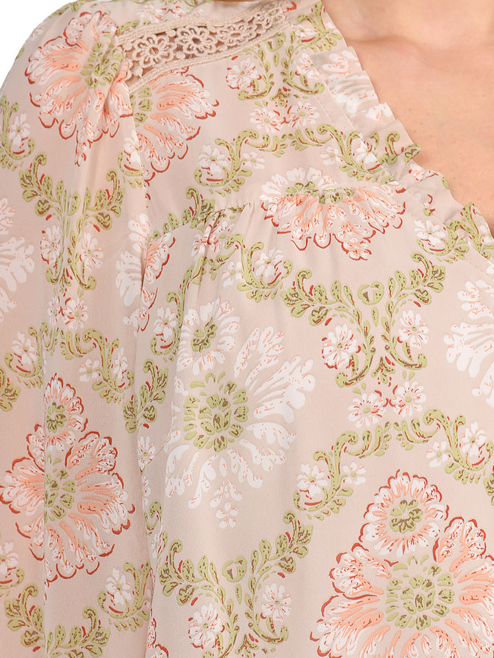 Blusa Cuello en V, Manga Larga, Estampada