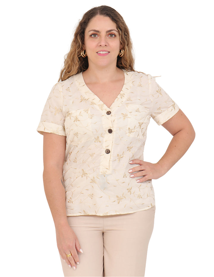 Blusa Cuello V, Manga Corta, Algodón Bordado