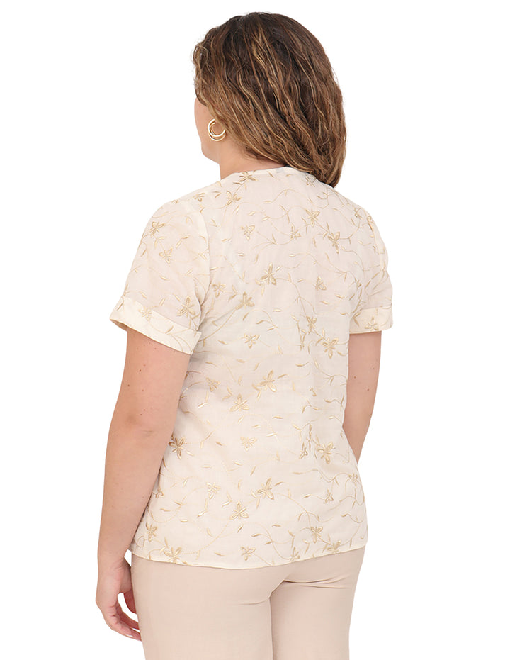 Blusa Cuello V, Manga Corta, Algodón Bordado