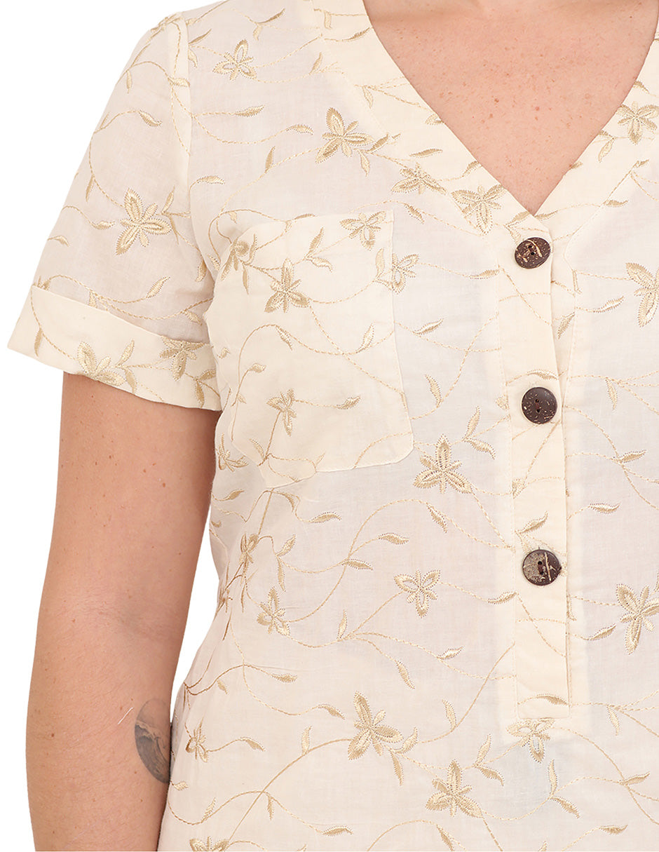 Blusa Cuello V, Manga Corta, Algodón Bordado