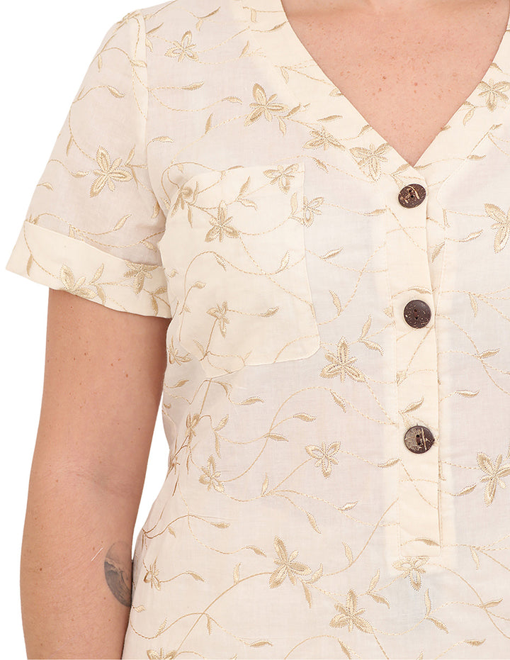Blusa Cuello V, Manga Corta, Algodón Bordado