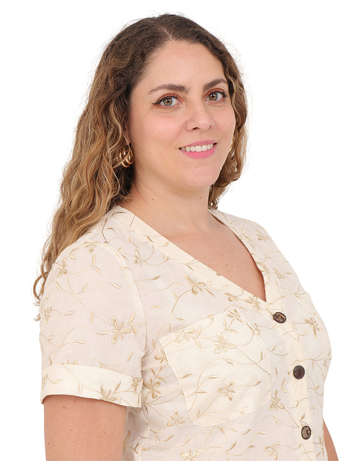 Blusa Cuello V, Manga Corta, Algodón Bordado