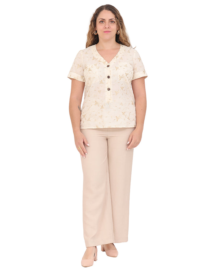 Blusa Cuello V, Manga Corta, Algodón Bordado