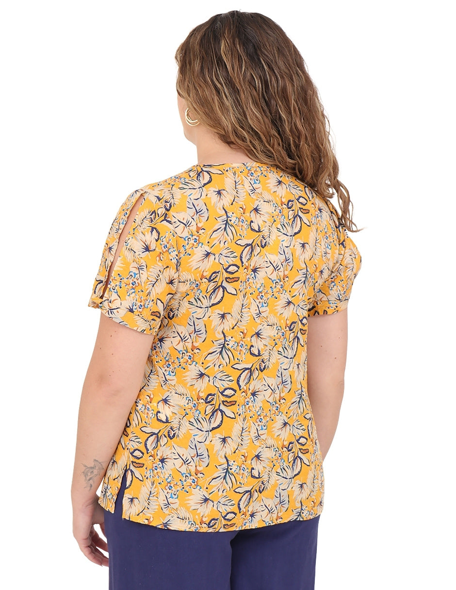 Blusa Cuello V, Manga Corta, Estampada