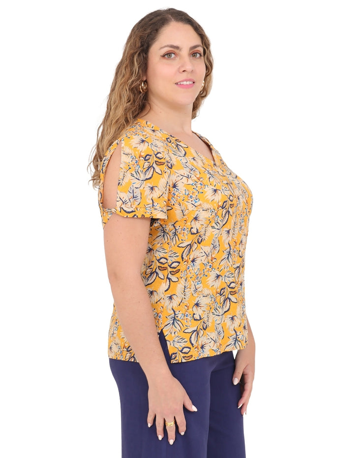 Blusa Cuello V, Manga Corta, Estampada