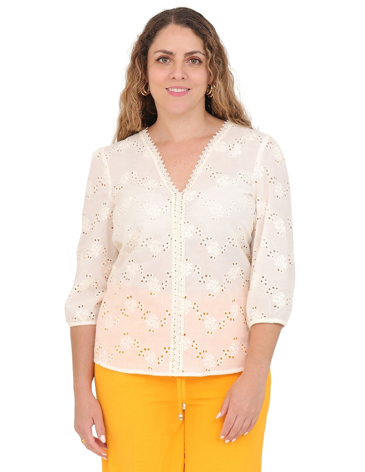 Blusa Cuello V, Manga 3/4 Algodón Bordado