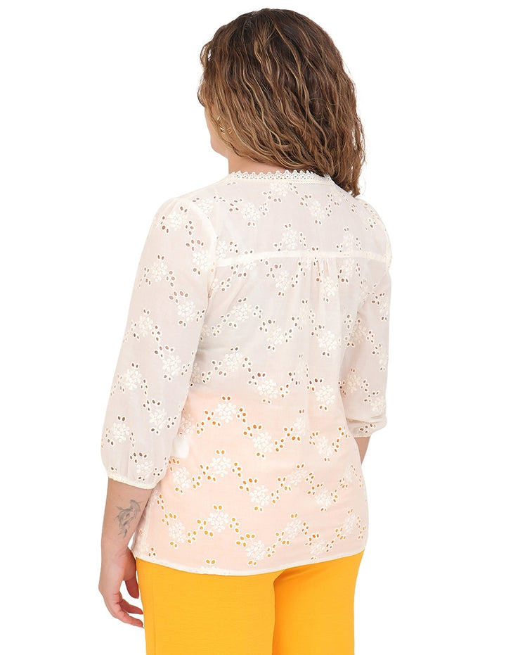 Blusa Cuello V, Manga 3/4 Algodón Bordado