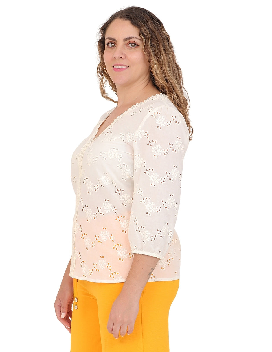 Blusa Cuello V, Manga 3/4 Algodón Bordado