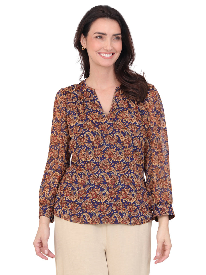 Blusa Cuello V, Manga 3/4, Estampada