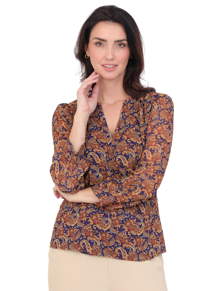 Blusa Cuello V, Manga 3/4, Estampada