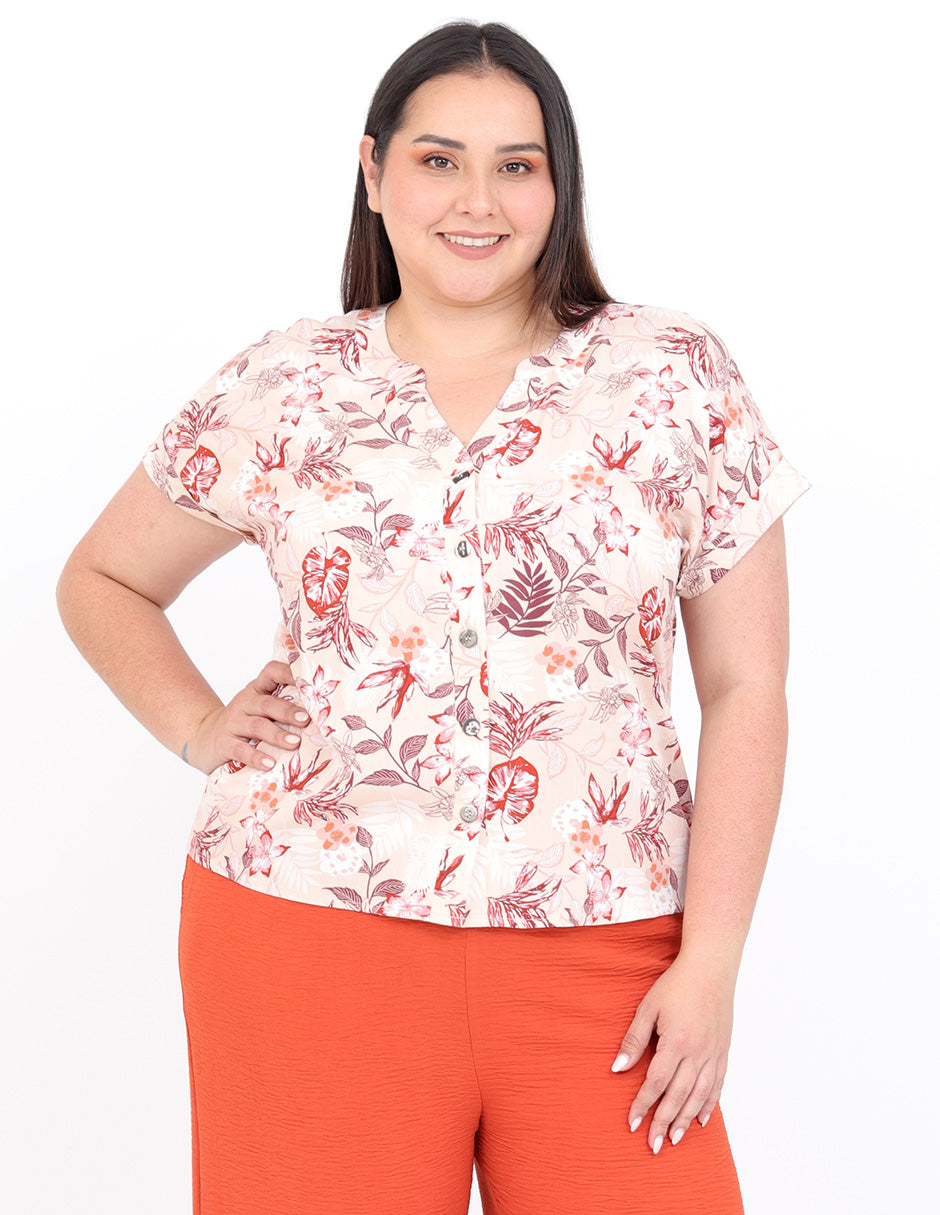 Blusa Curvy Carilo, Cuello V,  Manga Corta, Estampado