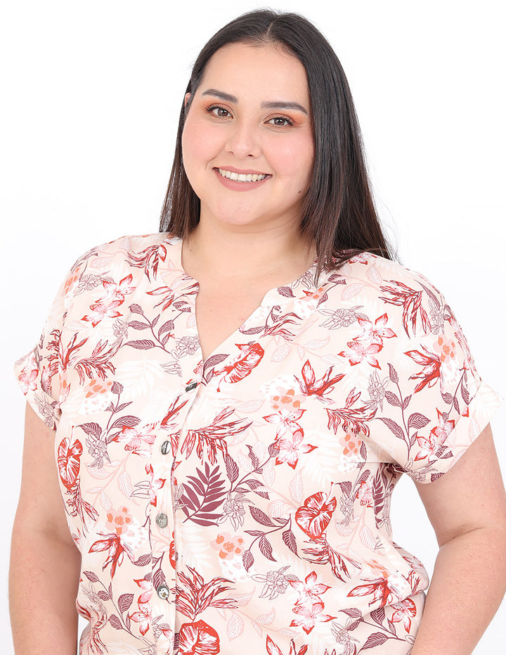 Blusa Curvy Carilo, Cuello V,  Manga Corta, Estampado