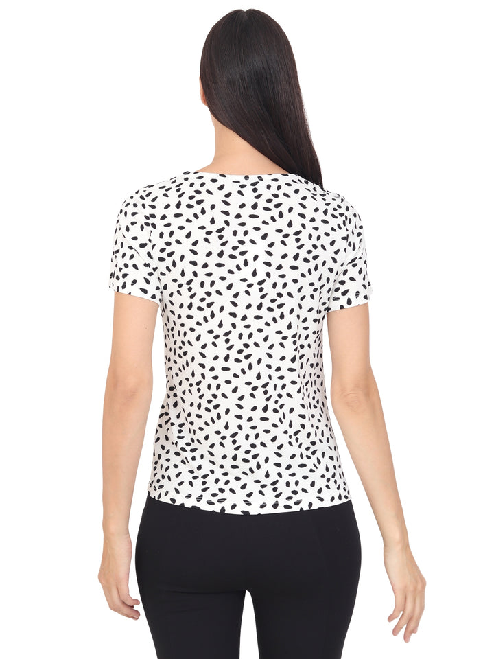 Blusa Cuello V con Aplicación, Manga Corta, Estampada
