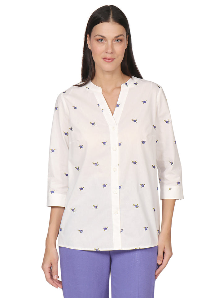 Blusa Cuello V,  Manga 3/4 Algodón Bordado
