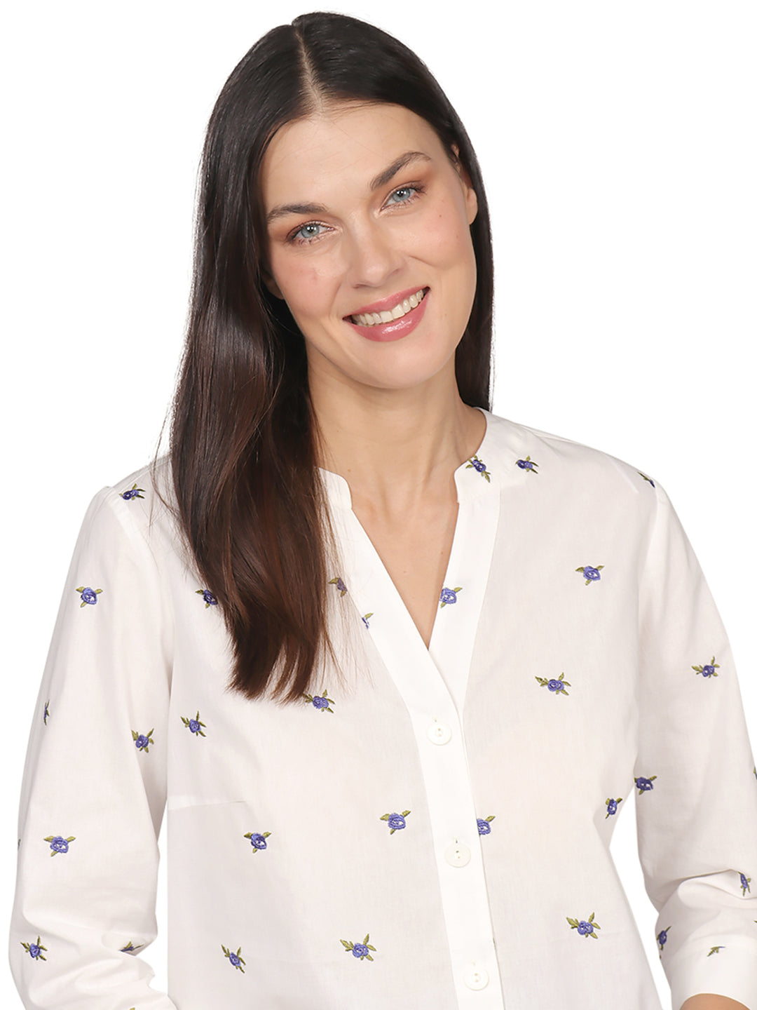 Blusa Cuello V,  Manga 3/4 Algodón Bordado
