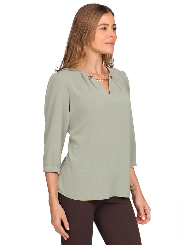 Blusa Cuello Redondo, Con Cadena, Manga 3/4
