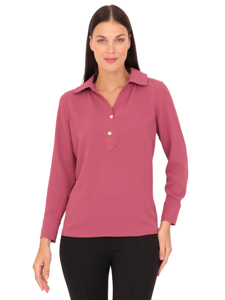 Blusa Cuello Camisero,  Manga Larga, Lisa